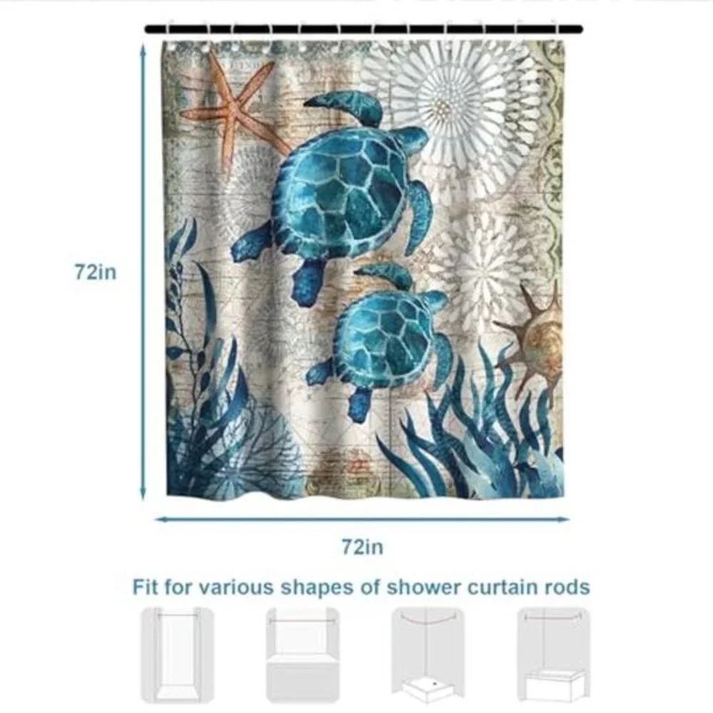 Nautical Green Sea Turtles Beach Theme Fabric Shower Curtain Sets Bathroom Blue